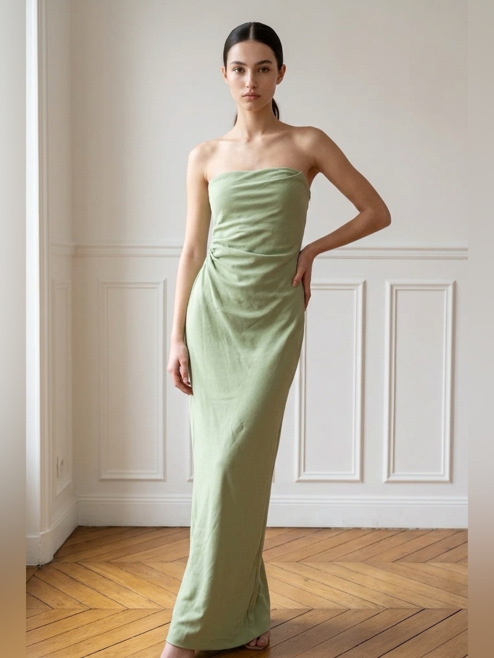 Michael Costello x REVOLVE - Strapless Sage Green Bias-Cut Maxi Dress